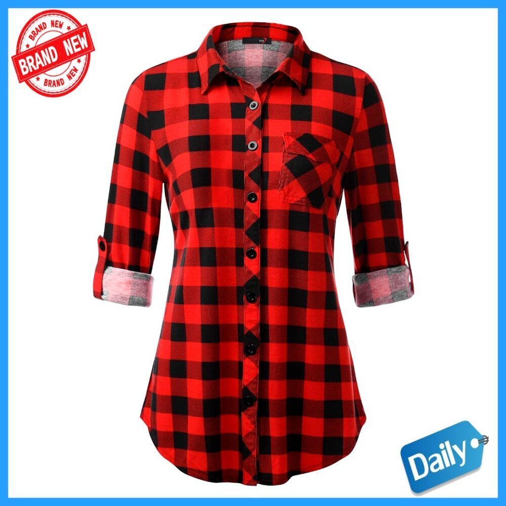 Soft Knit Button Down Blouse Long Sleeve Roll Tab Casual Work Top